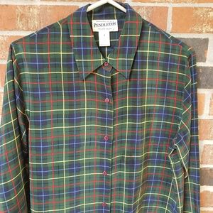 Pendleton Green Plaid Button-Up Blouse with Red, Blue, and Yellow Accents
